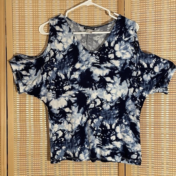 VENUS Womens S Tie Dye Cold Shoulders Top Blue Boho‎ Casual Relaxed - Picture 1 of 12